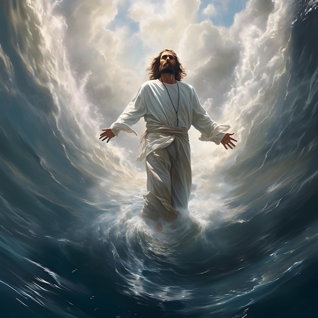 Photo jesus christ walking on water with huge waves ai generated