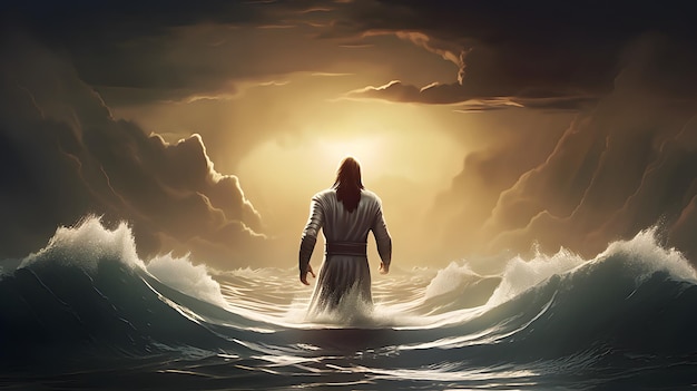 Photo jesus christ walking on water with huge waves ai generated