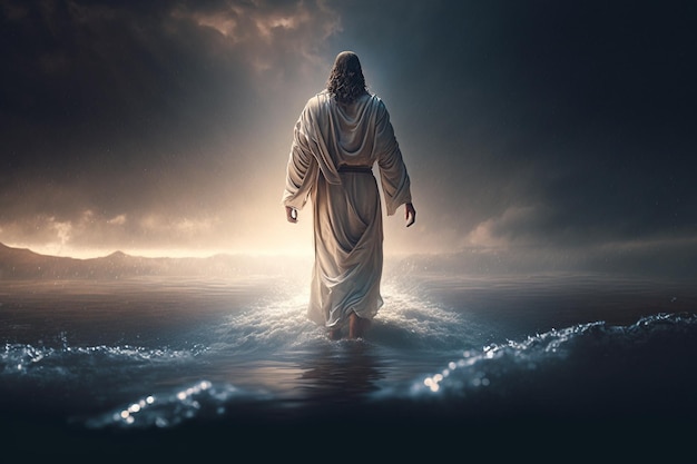 Foto gesù cristo cammina sull'acqua concetto religioso bibbia fede disegno con vernici pittura