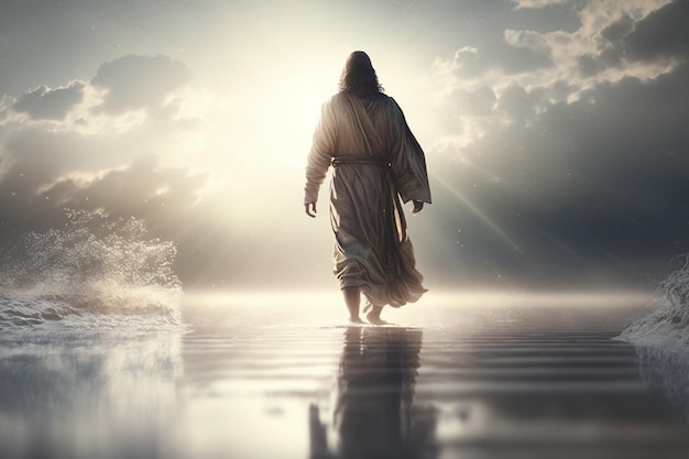 イエス・キリストは水の上を歩く 宗教的概念 聖書の信仰 絵の具で描く 絵画