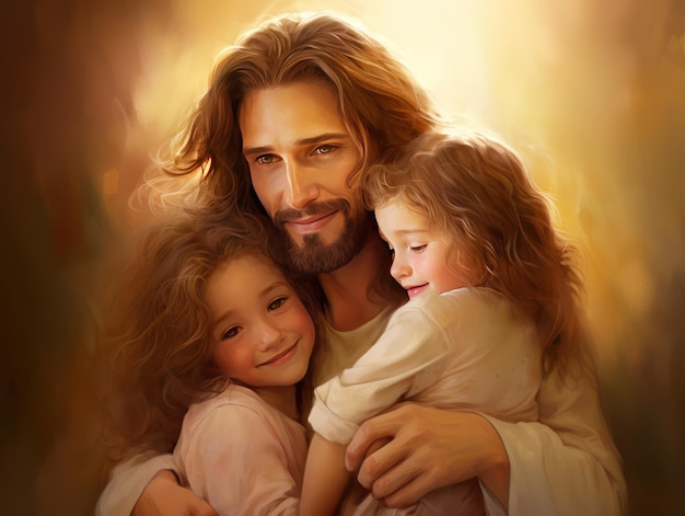 Jesus Christ with children lovely beautiful scene where Jesus shows caring with little kids