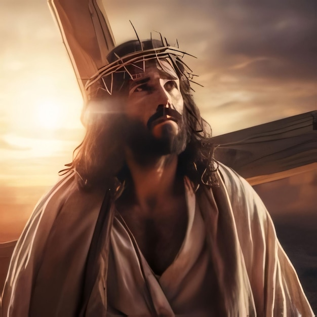 Jesus Christ with cross and crown of thorns against sunset sky background