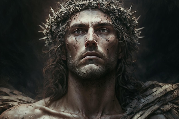 Jesus Christ with Crown of Thorns Easter Crucification or Resurrection concept He is Risen Religious easter and good friday Savior of mankind