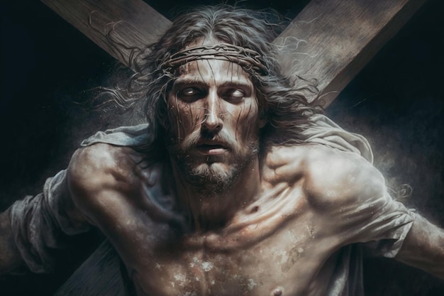 Jesus Christ with Crown of Thorns Easter Crucification or Resurrection concept He is Risen Religious easter and good friday Savior of mankind