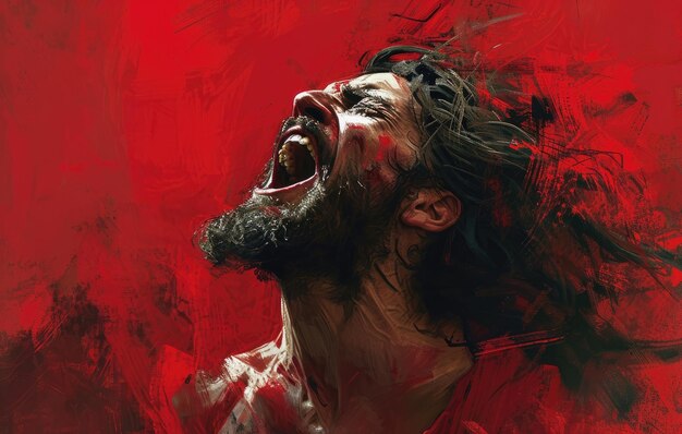 Photo jesus christ with his mouth wide open on a red background