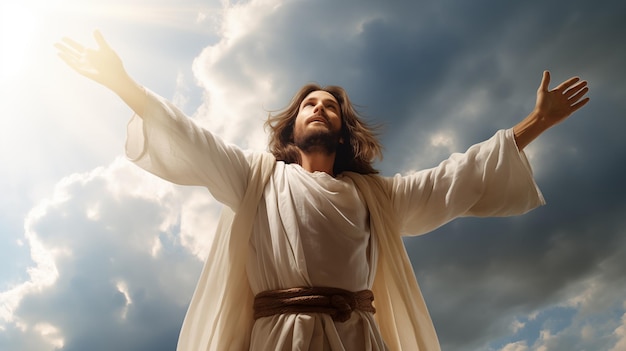 Иисус Христос с распростертыми объятиями на фоне голубого неба