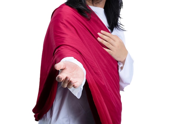 Jesus Christ with open palm giving helping hand isolated over white background