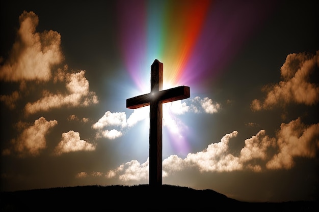 Jesus Christs cross is illuminated by the sun and clouds in a rainbow colored sky