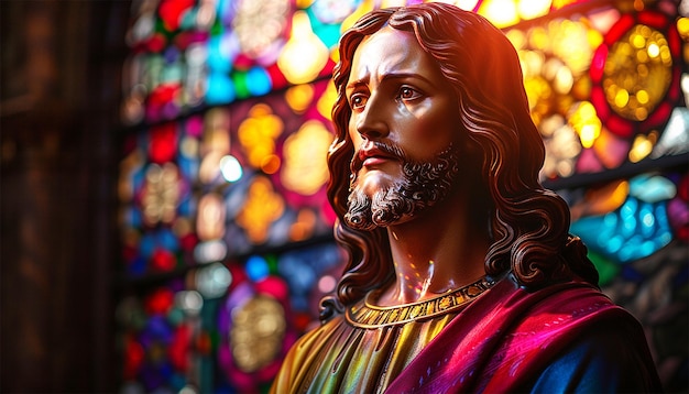 Jesus in church with The Suns Rays Streaming Through Stained Glass Windows of The Cathedral