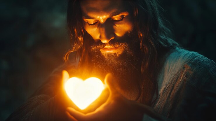 Photo jesus cradling a radiant glowing heart that symbolizes profound love and compassion for humanity