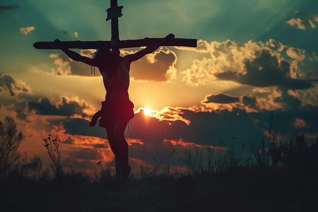 Photo jesus on cross against the sunset