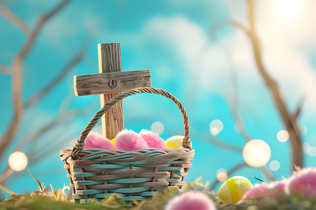 Foto simbolo della croce di gesù con ornamenti di pasqua saluti di pasqua