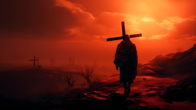 Jesus and cross on Golgotha hill red sky sunset dawn christ generative AI