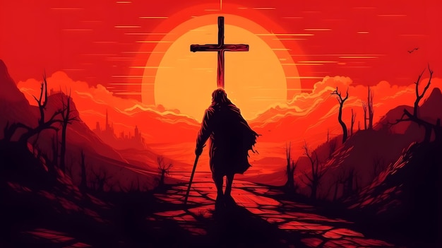 Jesus and cross on Golgotha hill red sky sunset dawn christ generative AI