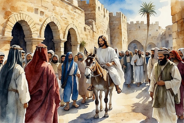 Фото Иисус входит в иерусалим на ослах, приветствуемый толпой, пальмовое воскресенье акварель библейская иллюстрация