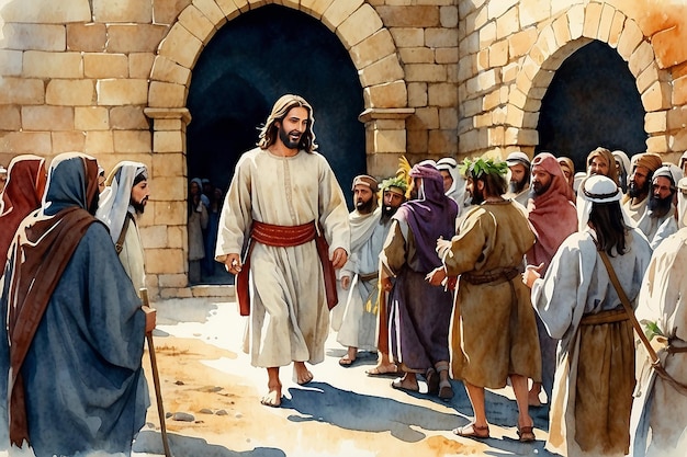 Photo jesus entering in jerusalem on a donkey welcomed by the crowd palm sunday watercolor biblical illustration