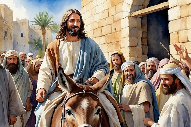 Photo jesus entering in jerusalem on a donkey welcomed by the crowd palm sunday watercolor biblical illustration