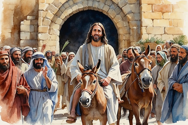 Jesus entering in Jerusalem on a donkey welcomed by the crowd Palm Sunday Watercolor Biblical Illustration