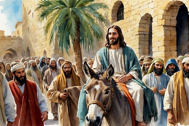 Jesus entering in Jerusalem on a donkey welcomed by the crowd Palm Sunday Watercolor Biblical Illustration