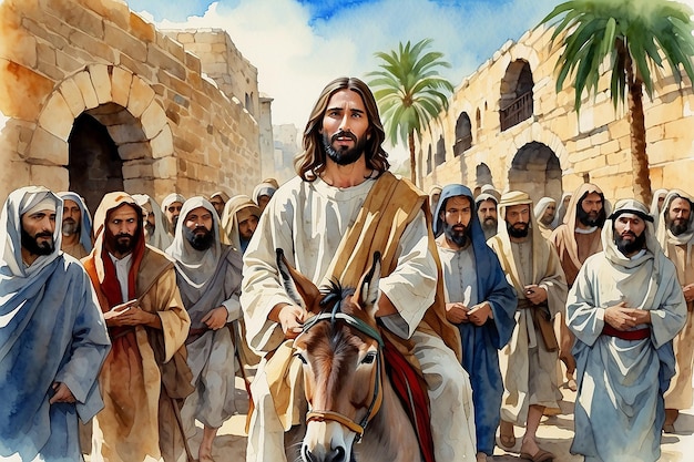 Photo jesus entering in jerusalem on a donkey welcomed by the crowd palm sunday watercolor biblical illustration