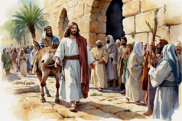 Photo jesus entering in jerusalem on a donkey welcomed by the crowd palm sunday watercolor biblical illustration