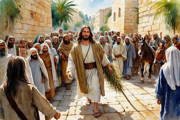 Photo jesus entering in jerusalem on a donkey welcomed by the crowd palm sunday watercolor biblical illustration