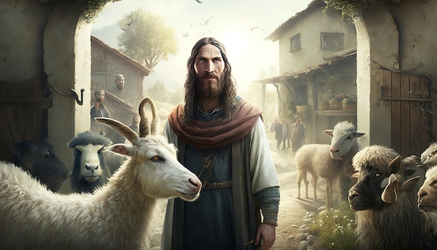 Jesus in the Entrance of a Village with animals AI generative