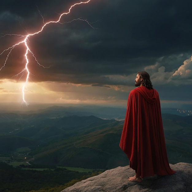 Фото Иисус полное тело выстрел твердые глаза смотрят вперед молнии в небе руки протянуты смотрят