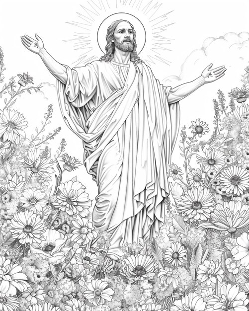 jesus in the garden of flowers coloring page generative ai