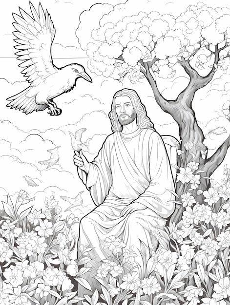 Jesus in heaven doves angels hyper crisp beautiful flower trees coloring page book