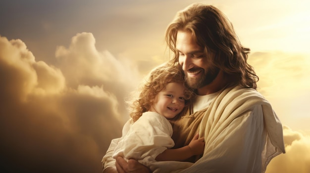 Иисус держит ребенка с сияющим небом и облачным фоном