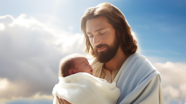 Jesus holding the baby with shining sky and cloud background