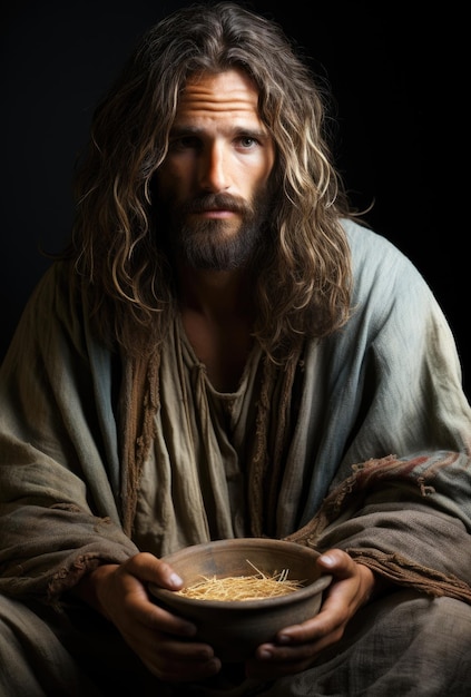 Jesus holding bowl of food Digital image