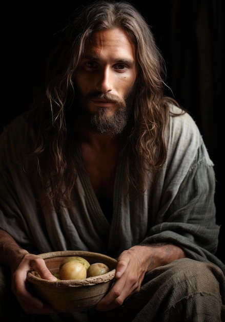 음식 그릇을 들고 있는 예수 디지털 이미지