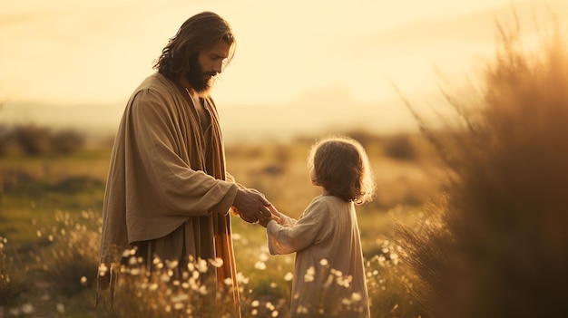 Photo jesus holding child's hand at sunset