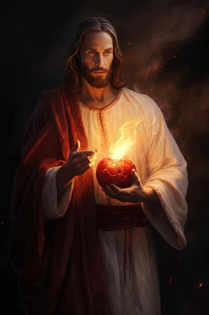 jesus holding a heart with flames on it