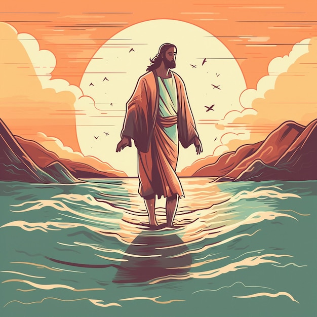 Jesus illustration and walking on water at sunset for faith religion and belief spiritual theology