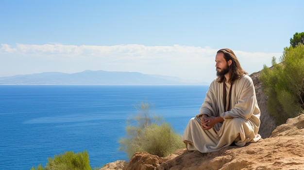 사진 옷을 입은 예수는 해가 뜨면 거룩한 바다를 향해 덤불로 인 돌로 된 해안가에 앉아 있습니다.