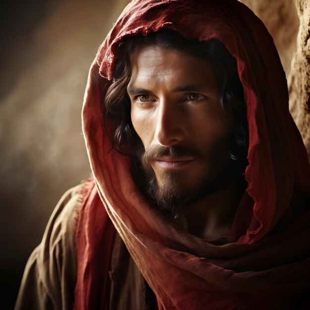 写真 砂漠で赤いスカーフを頭に着たイエス