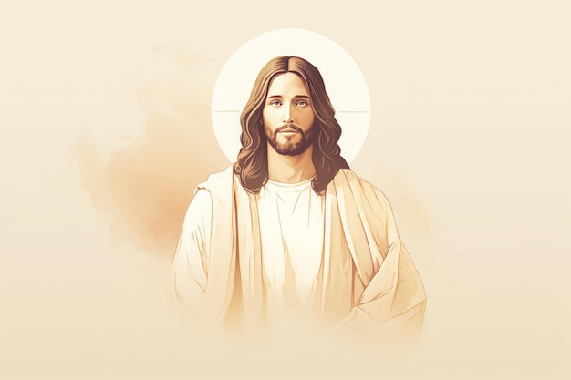 Jesus is depicted in a painting on a beige background