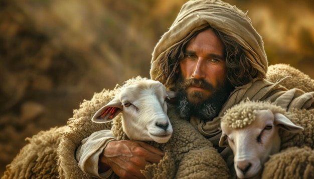 Photo jesus is the highest in the sky with sheep in his arms