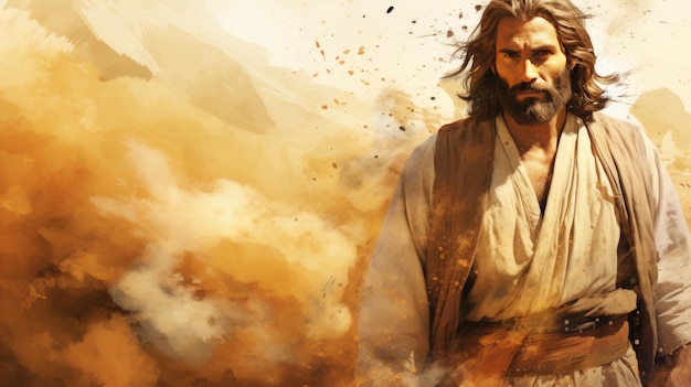 jesus is standing in the desert with smoke coming out of his mouth