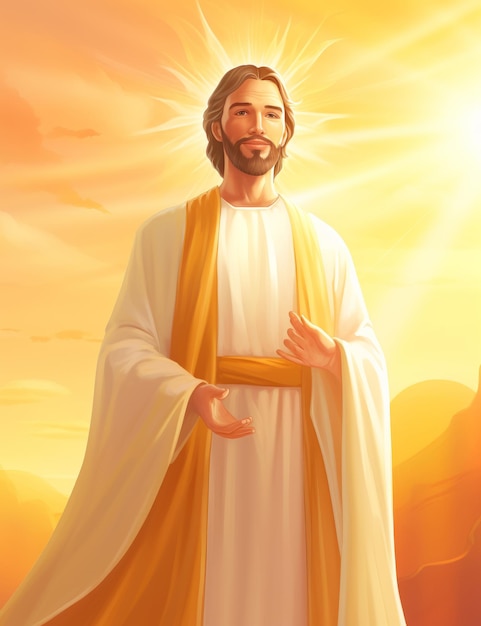 jesus is standing in the desert with the sun behind him