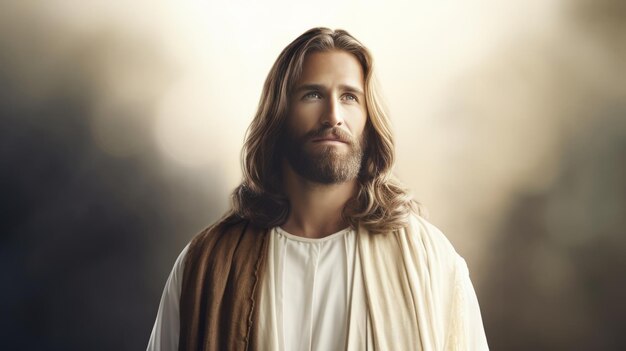 Jesus is standing in front of a blurry background