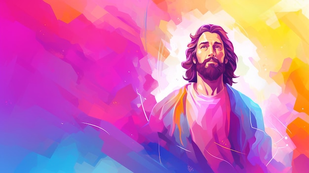 Jesus is standing in front of a colorful background