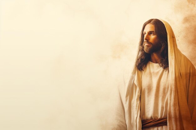 Jesus is standing in front of a dusty background