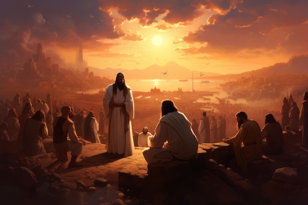 jesus is standing in front of a group of people at sunset