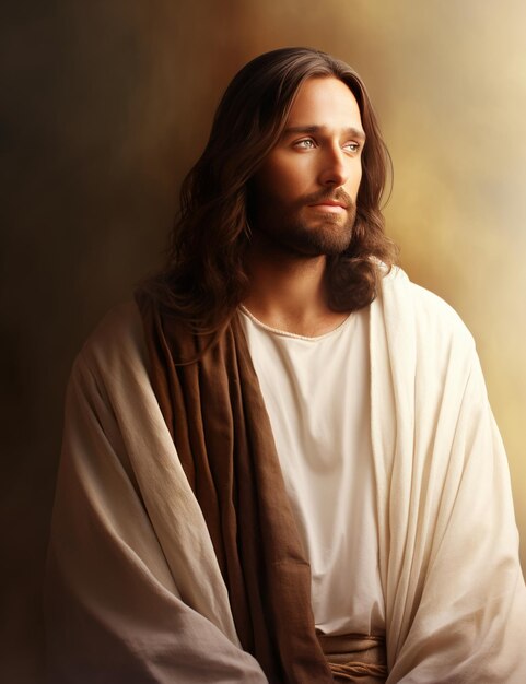 Jesus is standing in front of a light background