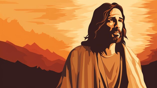 Jesus is standing in front of a mountain with a sunset in the background