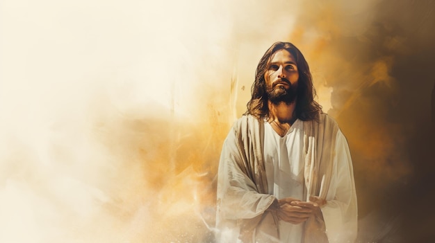 jesus is standing in front of an orange background